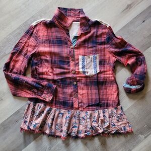 JOHN MARK Medium Plaid Embroidery Flannel Peplum Cottagecore Boho Floral Southwe